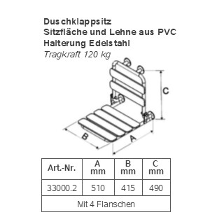 Duschklappsitz aus Edelstahl mit Lehne und Sitzfläche aus PVC